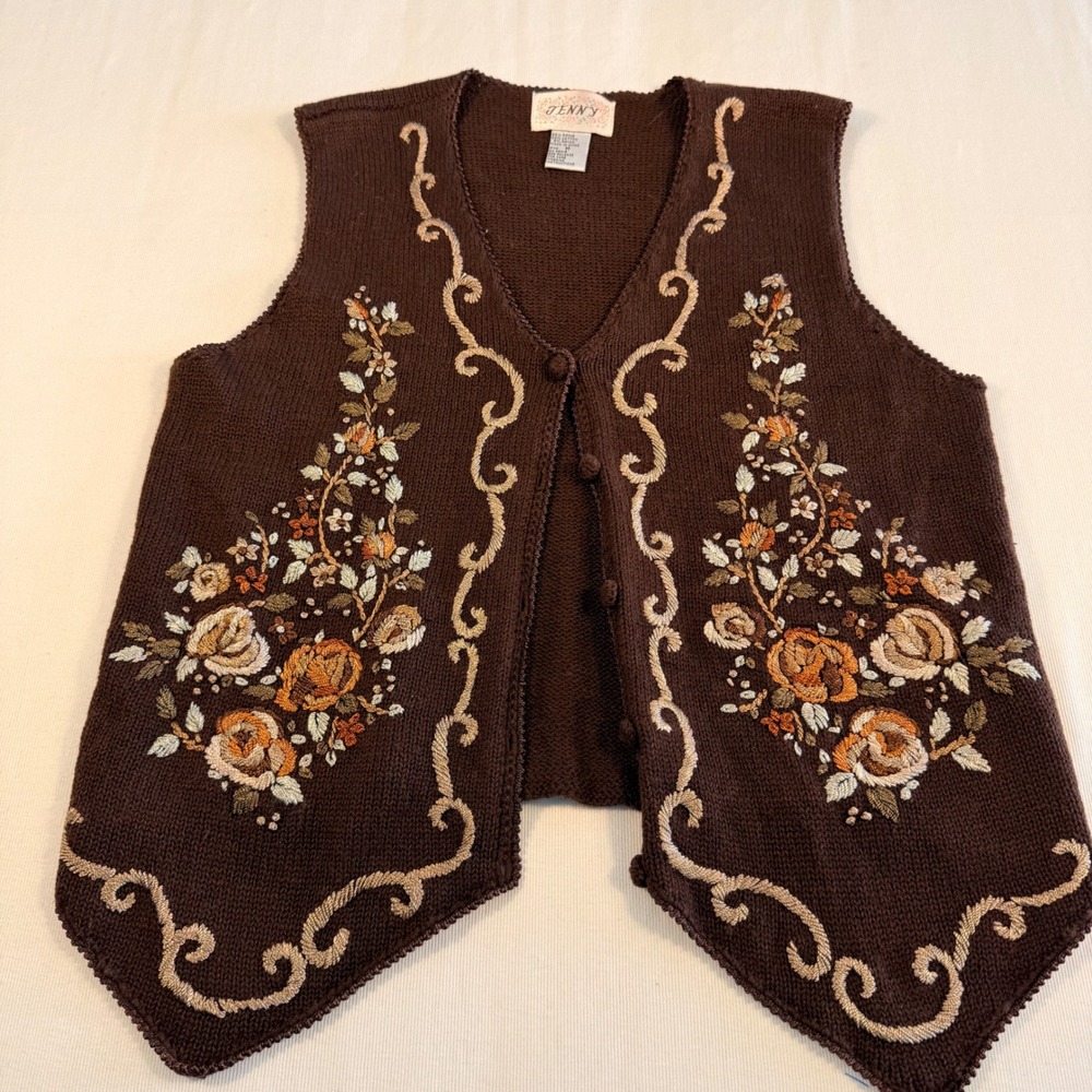 Jenny M Embroidered Sweater‎ Vest Floral Cottagecore Boho Vtg grandmacore whimsy